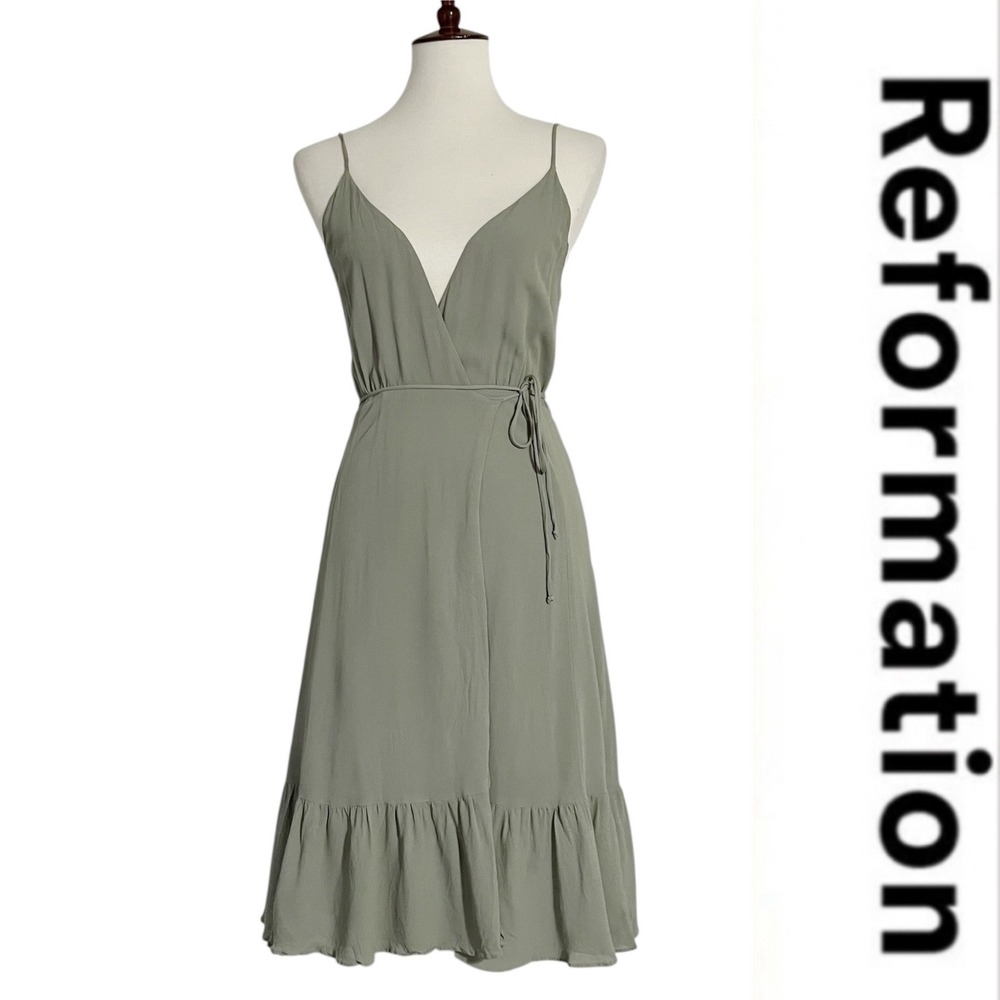 Reformation Sage Green‎ Wrap Dress XS Sleeveless Ruffle Hem Midi Casual